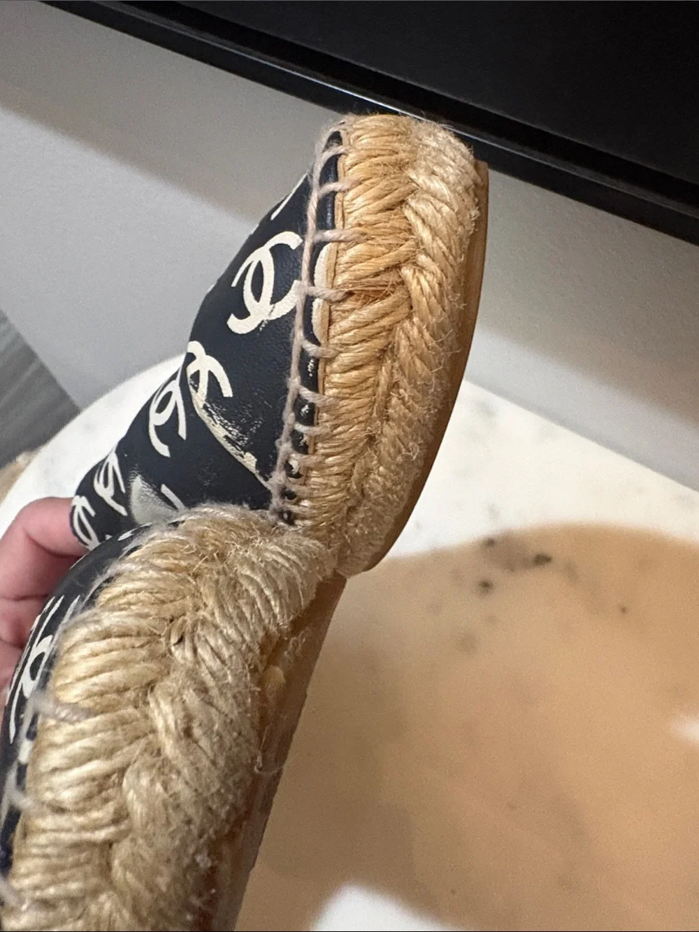 CHANEL Black Espadrilles with White CC Logo Print